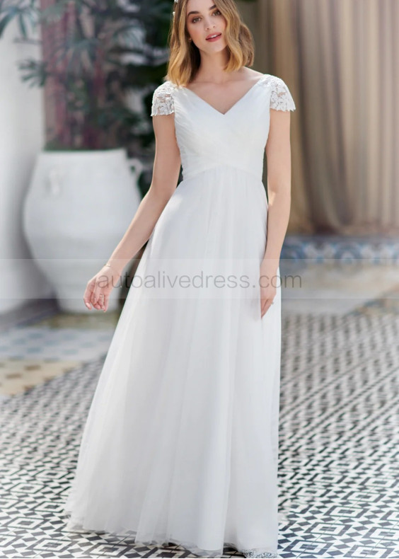 Cap Sleeves Ivory Lace Tulle Chic Wedding Dress